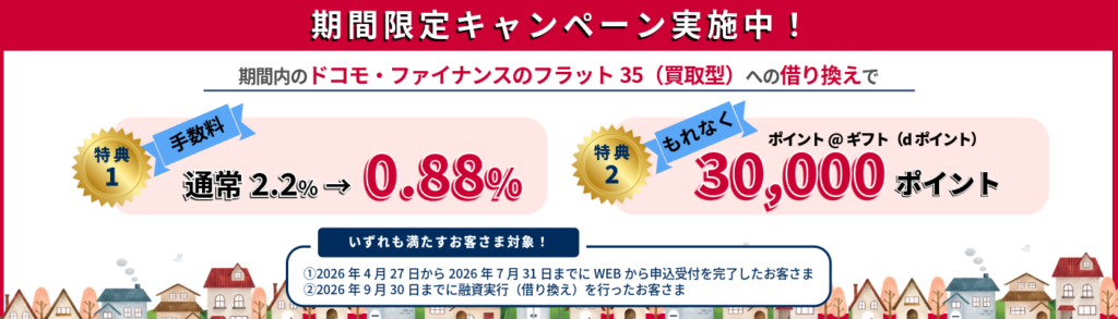 ドコモ・ファイナンス、フラット35(買取型)借り換えで手数料0.88%とdポイント3万のキャンペーン